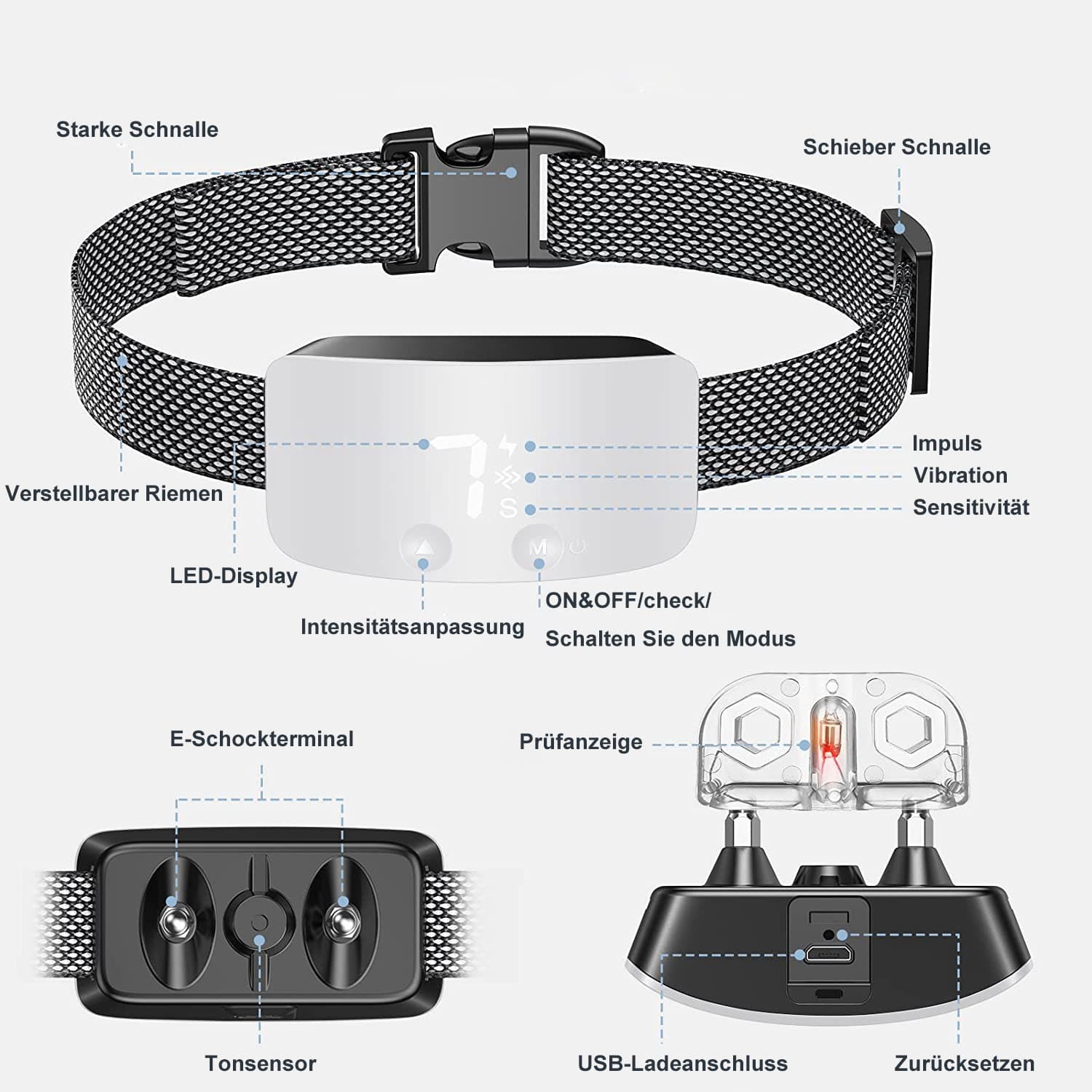 Antibell Halsbänder M886 Weiß mit Ton Vibration Automatische Anti-Bark Wasserdicht und Wiederaufladbar